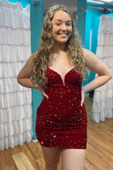 Burgundy Homecoming Dress Sequin Glitter Prom Dress with Lace-up Back
