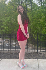 Burgundy Homecoming Dress Sequin One Shoulder Tight Short Prom Dress