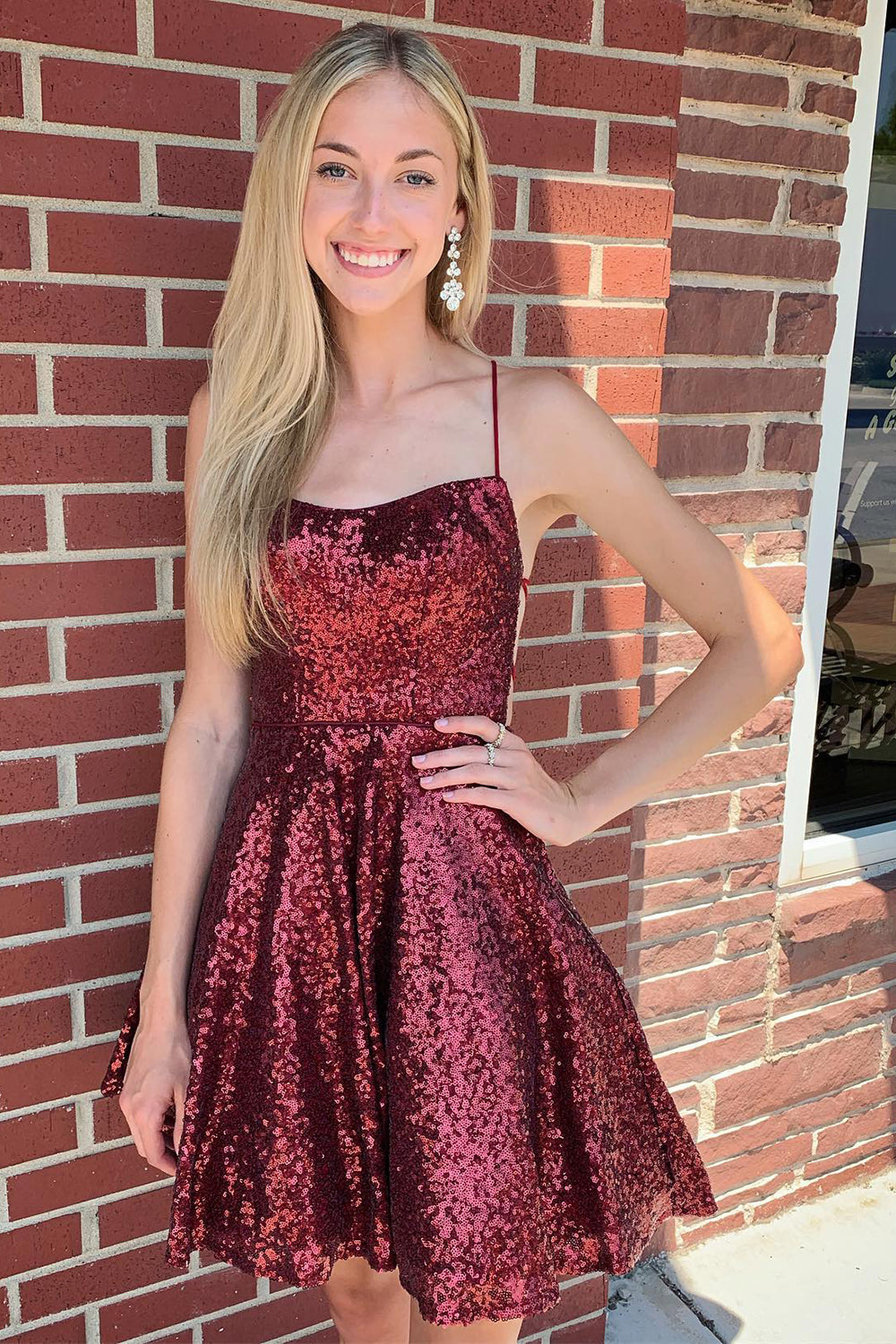 Burgundy Homecoming Dress Sequin Prom Dress with Criss Cross Back