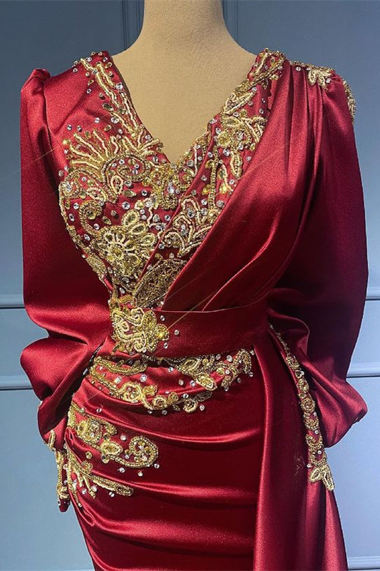 Burgundy Long Sleeve Mermaid Formal Dress with Bead Appliques and Ruffles