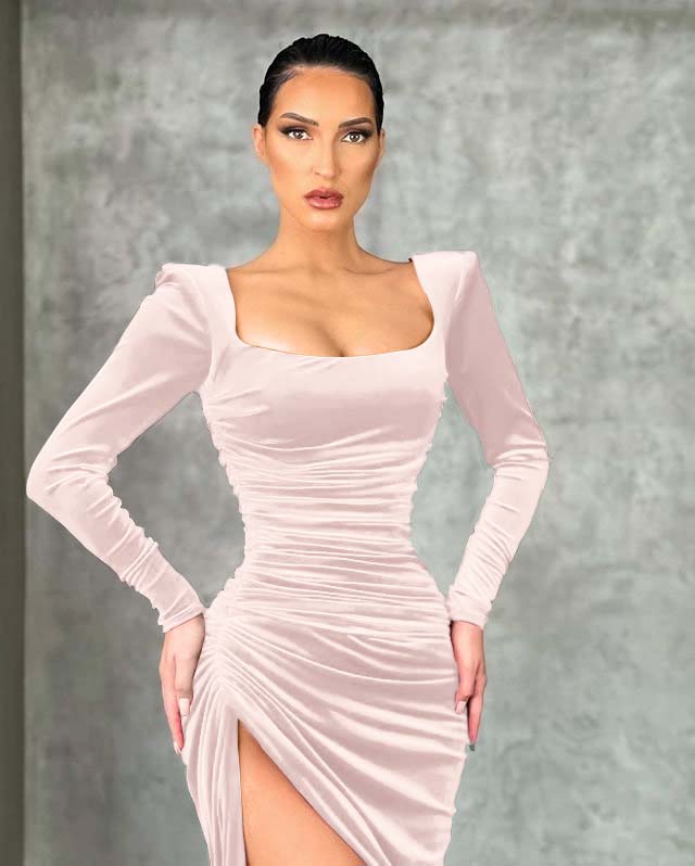 Burgundy Long Sleeve Velvet Dress Mermaid Formal Evening Dress