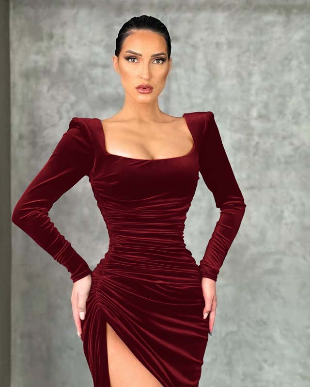 Burgundy Long Sleeve Velvet Dress Mermaid Formal Evening Dress