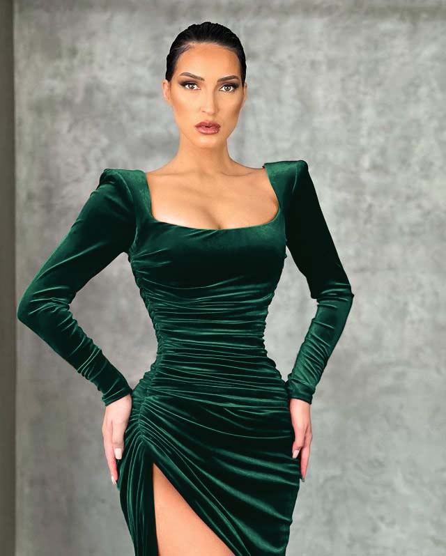 Burgundy Long Sleeve Velvet Dress Mermaid Formal Evening Dress