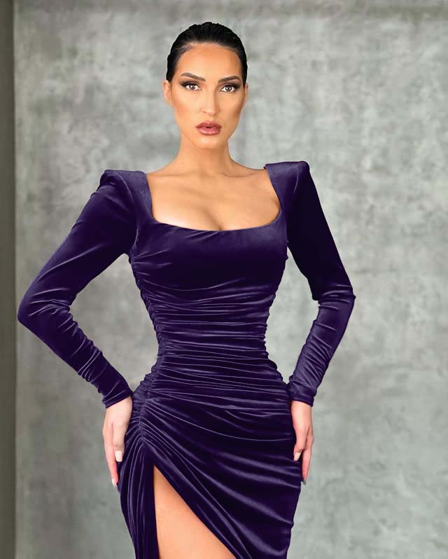Burgundy Long Sleeve Velvet Dress Mermaid Formal Evening Dress