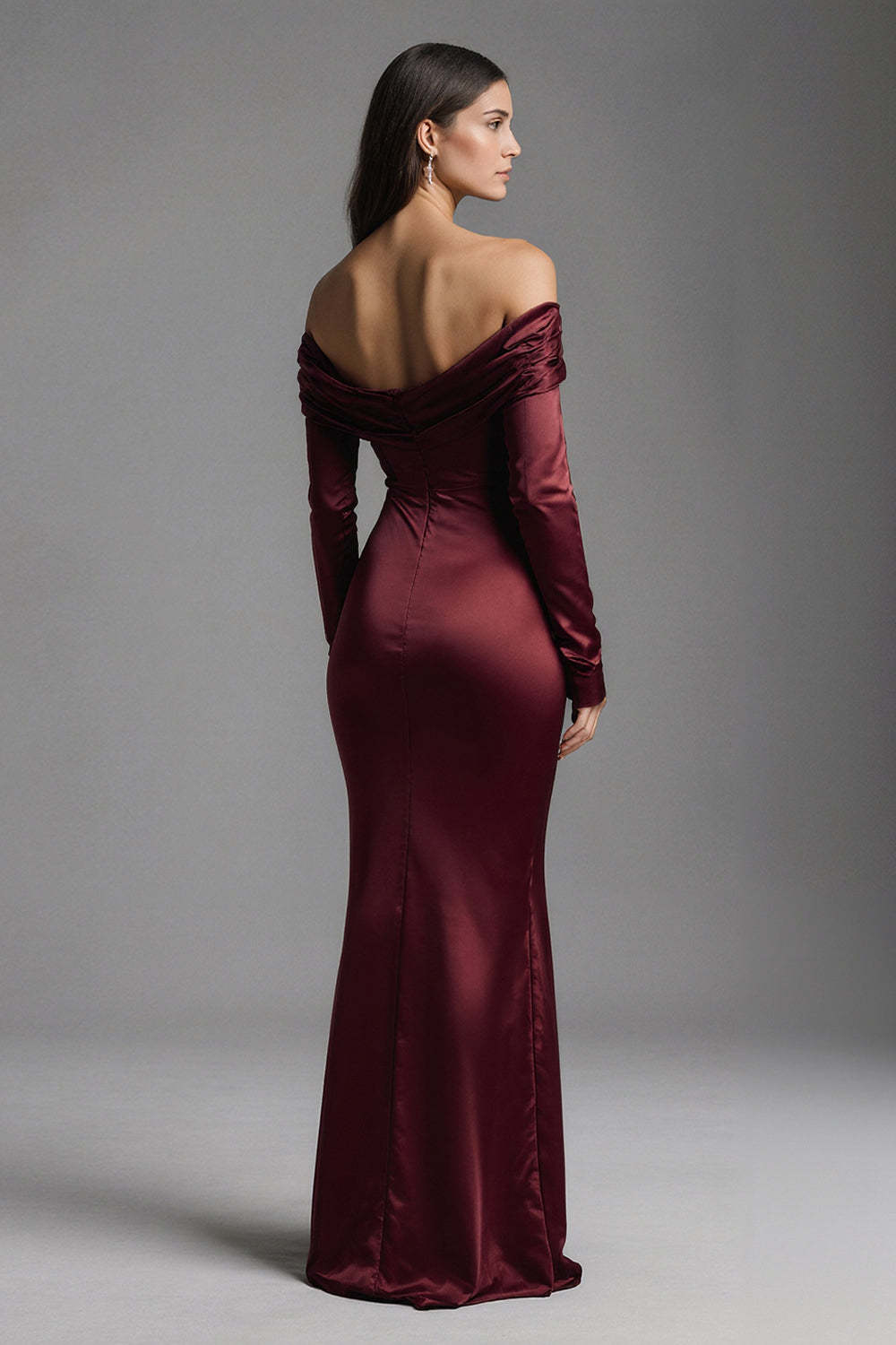 Burgundy Mermaid Off The Shoulder Long Satin Evening Dress With Slit