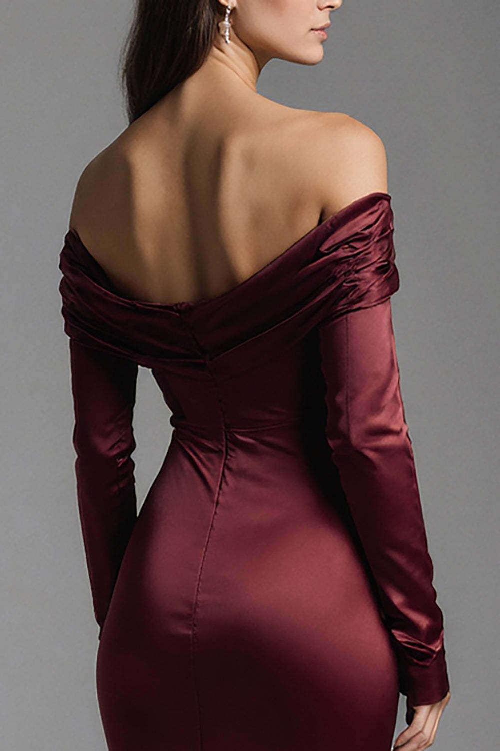 Burgundy Mermaid Off The Shoulder Long Satin Evening Dress With Slit