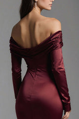 Burgundy Mermaid Off The Shoulder Long Satin Evening Dress With Slit
