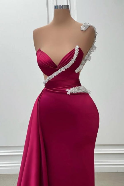 Burgundy Mermaid One Shoulder Beading Satin Formal Dress