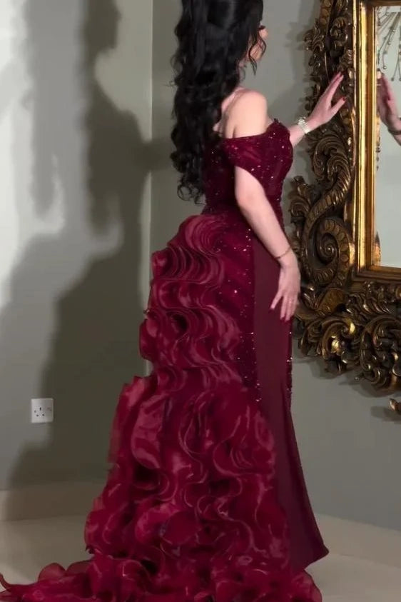 Burgundy Off The Shoulder Prom Dress Ruffled Beaded Sheath/Column Formal Dress