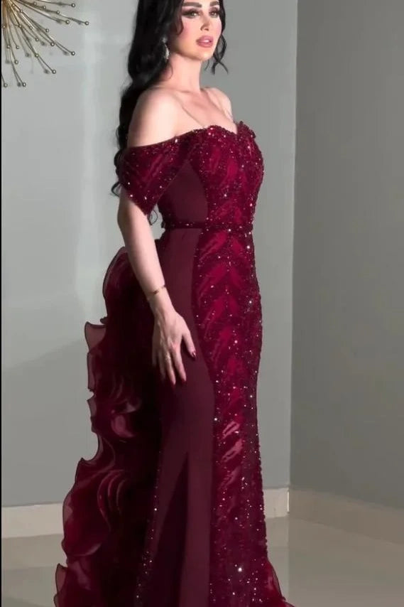 Burgundy Off The Shoulder Prom Dress Ruffled Beaded Sheath/Column Formal Dress