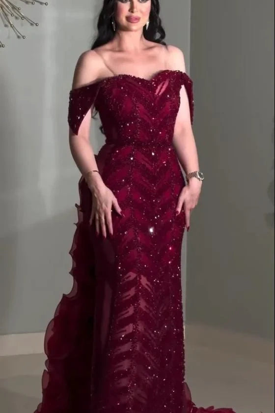 Burgundy Off The Shoulder Prom Dress Ruffled Beaded Sheath/Column Formal Dress