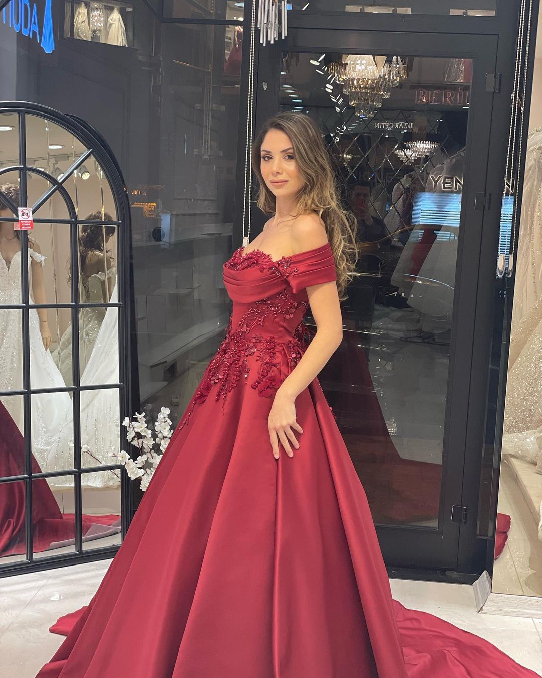 Burgundy Prom Dress Off The Shoulder A Line Formal Dress With Appliques