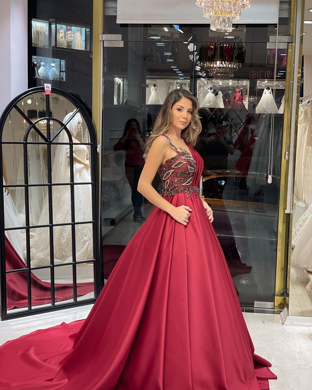 Burgundy Prom Dress Satin Ball Gown Formal Dress with Sweep Train