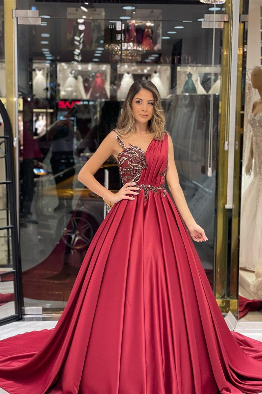 Burgundy Prom Dress Satin Ball Gown Formal Dress with Sweep Train