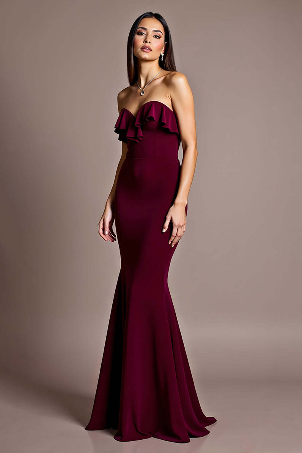 Burgundy Prom Dress Satin Mermaid Backless Strapless Formal Dress