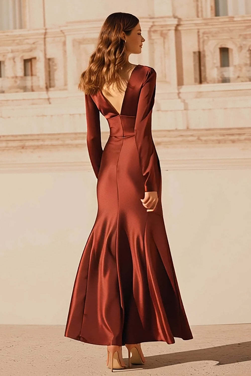 Burgundy Satin V-Neck Mermaid Long Sleeves Evening Dress With Ruffles