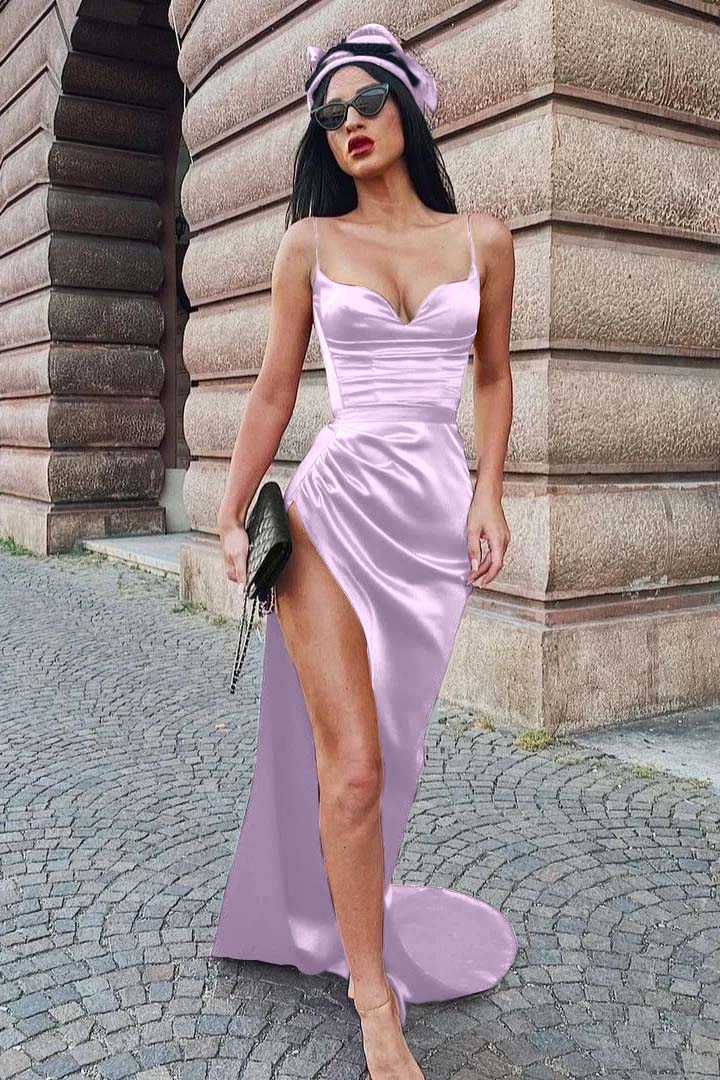 Burgundy Spaghetti Straps Long Evening Dress with Split