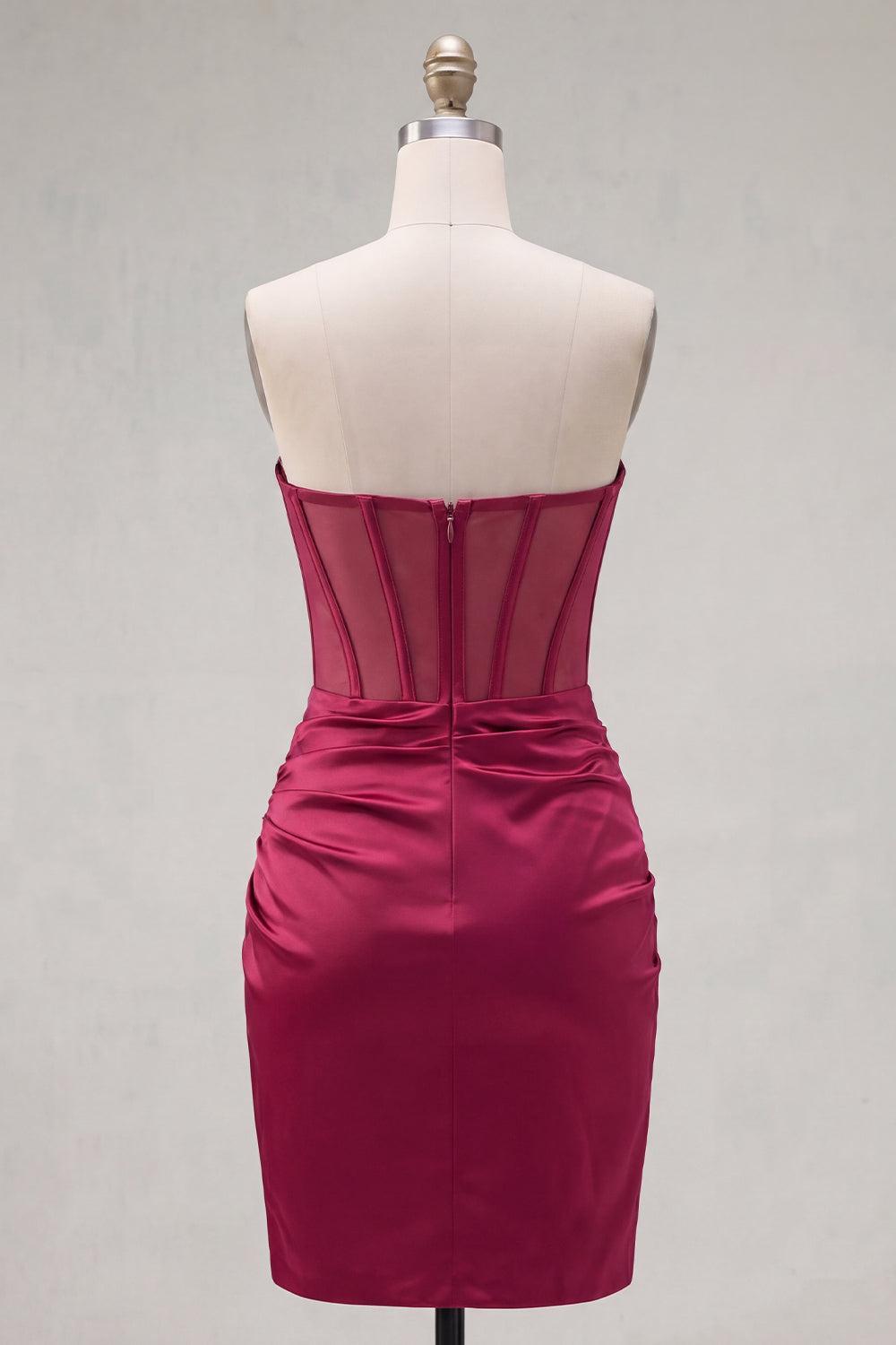 Tight Short Ruched Burgundy Corset Strapless Homecoming Dress with Beading