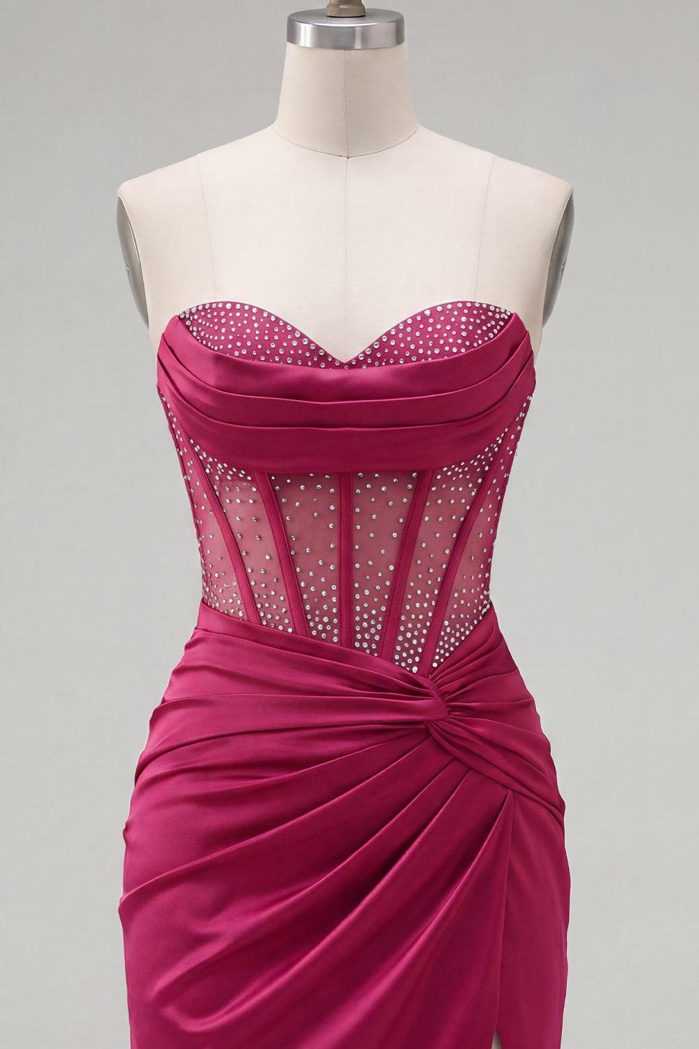 Tight Short Ruched Burgundy Corset Strapless Homecoming Dress with Beading