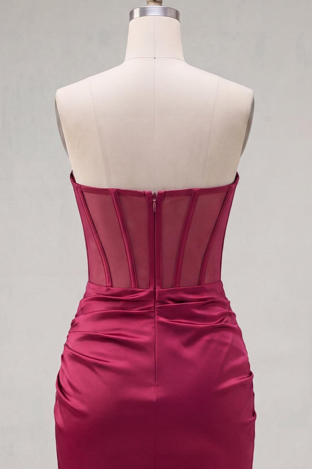Tight Short Ruched Burgundy Corset Strapless Homecoming Dress with Beading