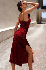 Burgundy Velvet Cocktail Dress Christmas Party Dress with Slit