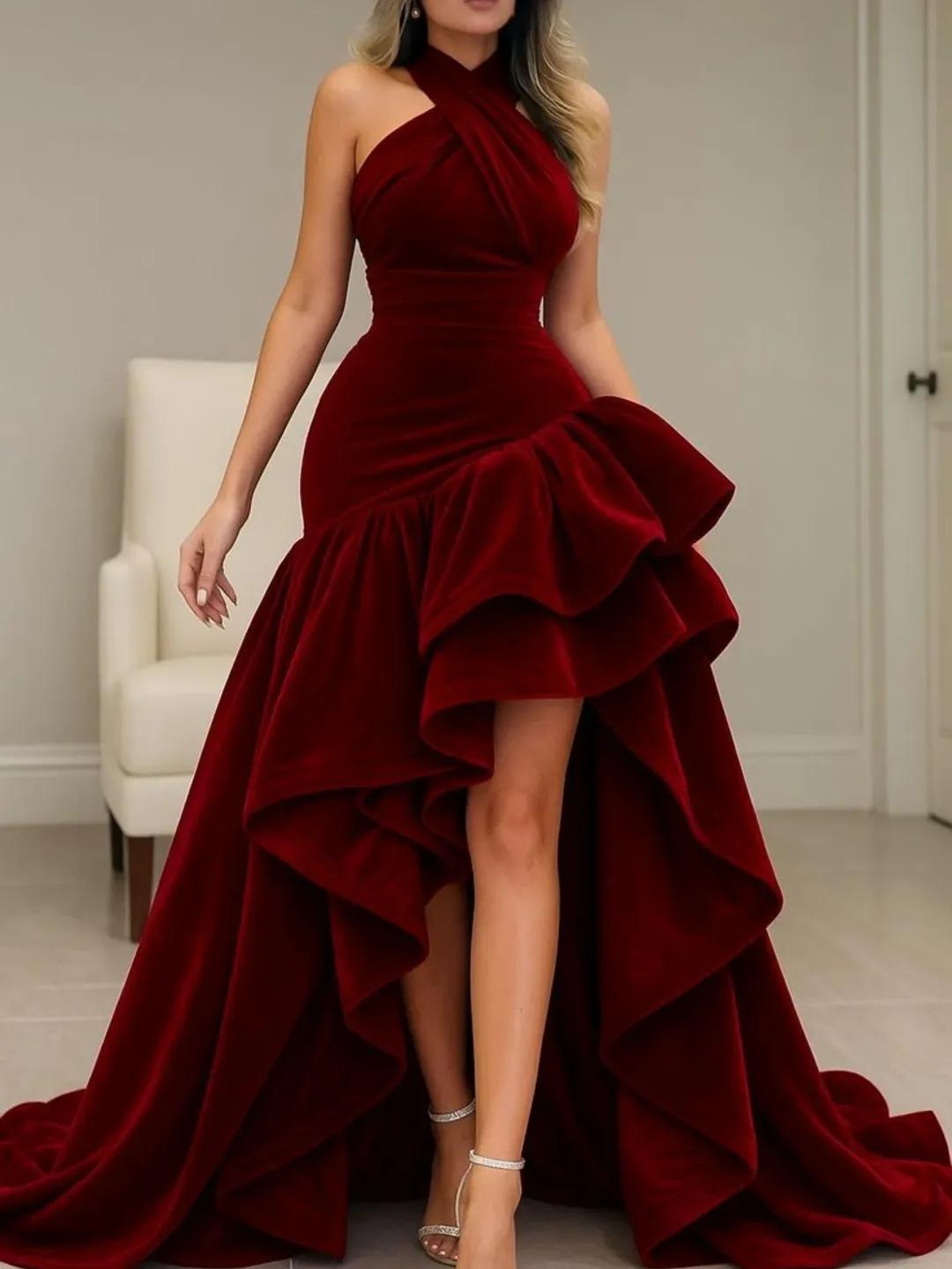 Burgundy Velvet Dress High Low Halter Neck Ruffled Formal Evening Dress