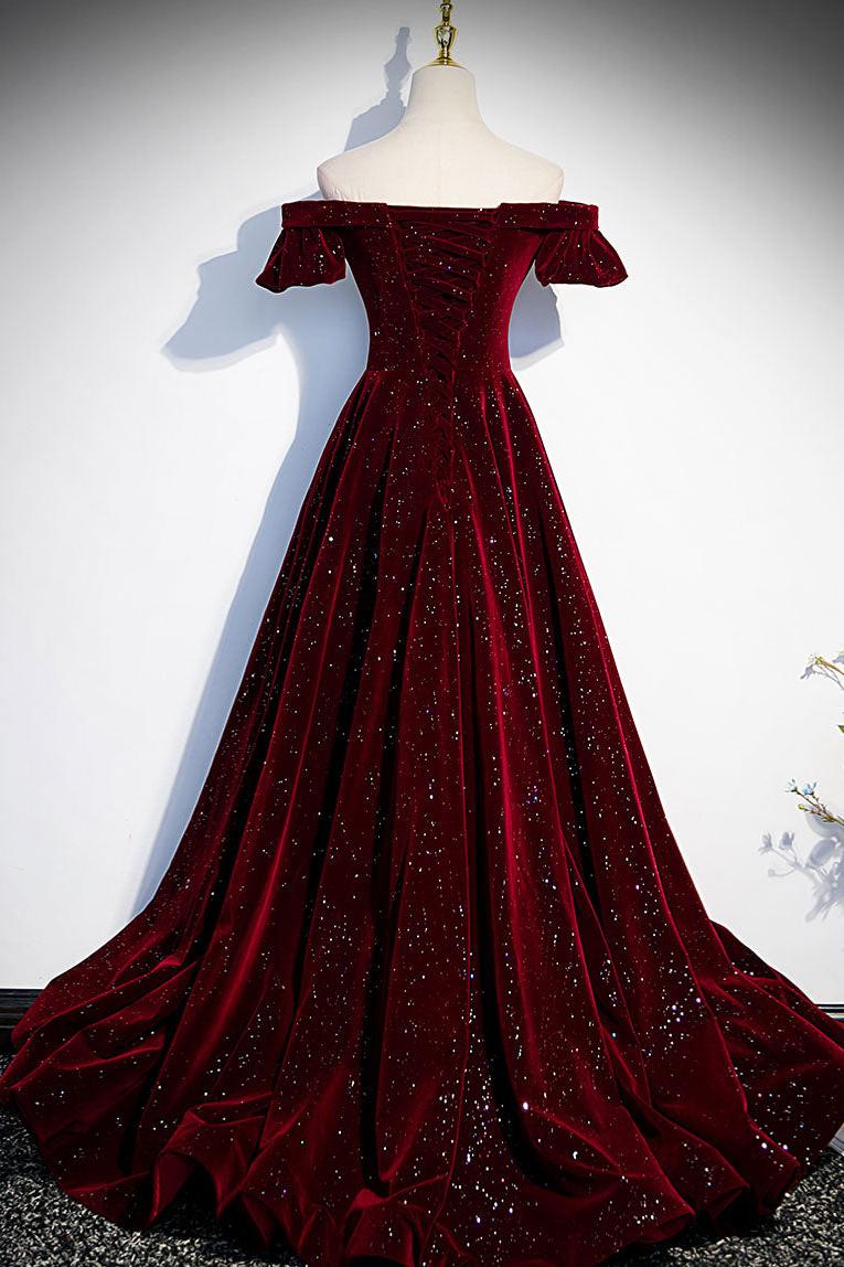 Burgundy Velvet Formal Dress Beaded Long Evening Dress
