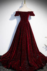 Burgundy Velvet Formal Dress Beaded Long Evening Dress