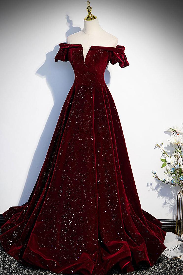 Burgundy Velvet Formal Dress Beaded Long Evening Dress