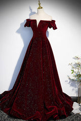 Burgundy Velvet Formal Dress Beaded Long Evening Dress