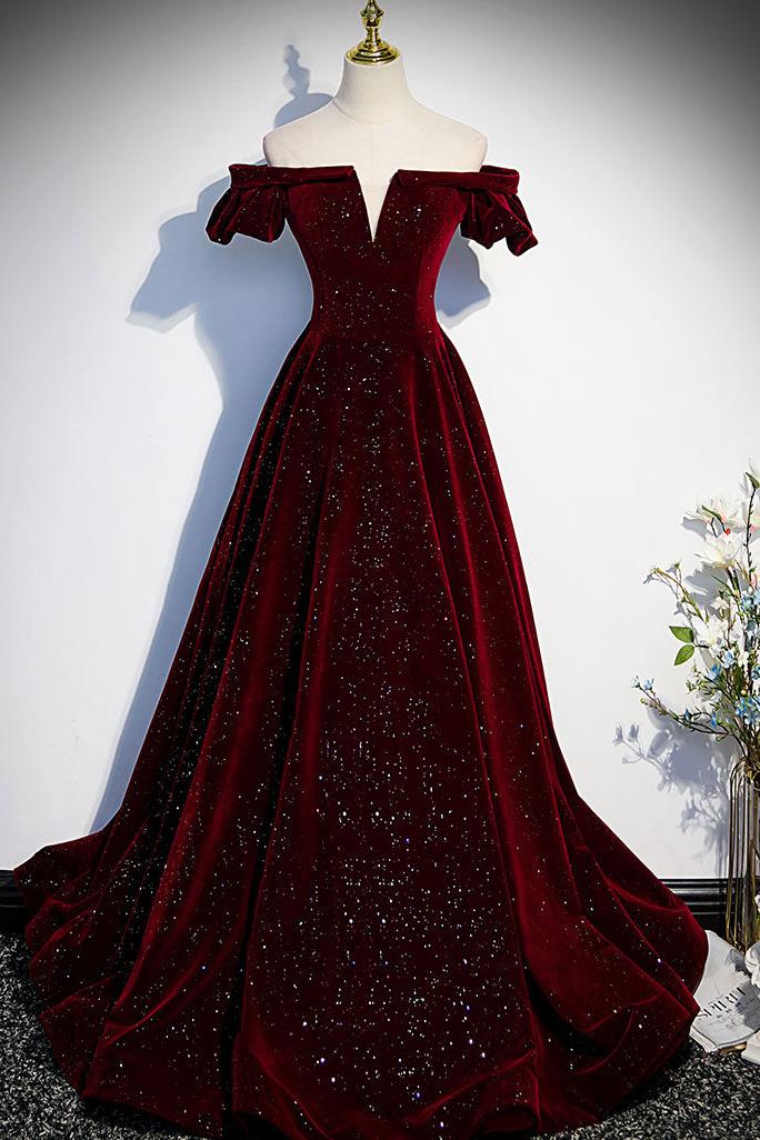Burgundy Velvet Formal Dress Beaded Long Evening Dress