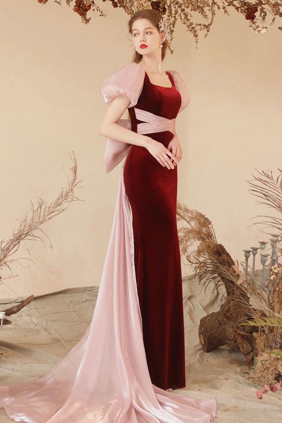 Burgundy Velvet Formal Dress Mermaid Long Evening Dress
