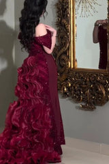 Burgundy Off The Shoulder Prom Dress Ruffled Beaded Sheath/Column Formal Dress