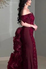 Burgundy Off The Shoulder Prom Dress Ruffled Beaded Sheath/Column Formal Dress