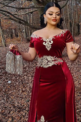 Burgundy Velvet Christmas Party Dress Appliques Short Sleeve Formal Dress with Detachable Train