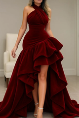 Burgundy Velvet Dress High Low Halter Neck Ruffled Formal Evening Dress
