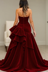 Burgundy Velvet Dress High Low Halter Neck Ruffled Formal Evening Dress
