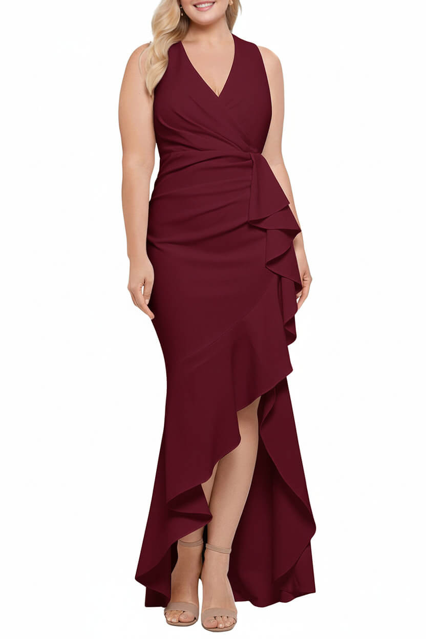 V Neck Sleeveless Plus Size Long Sheath Column Mother of the Bride Dresses with Ruffles