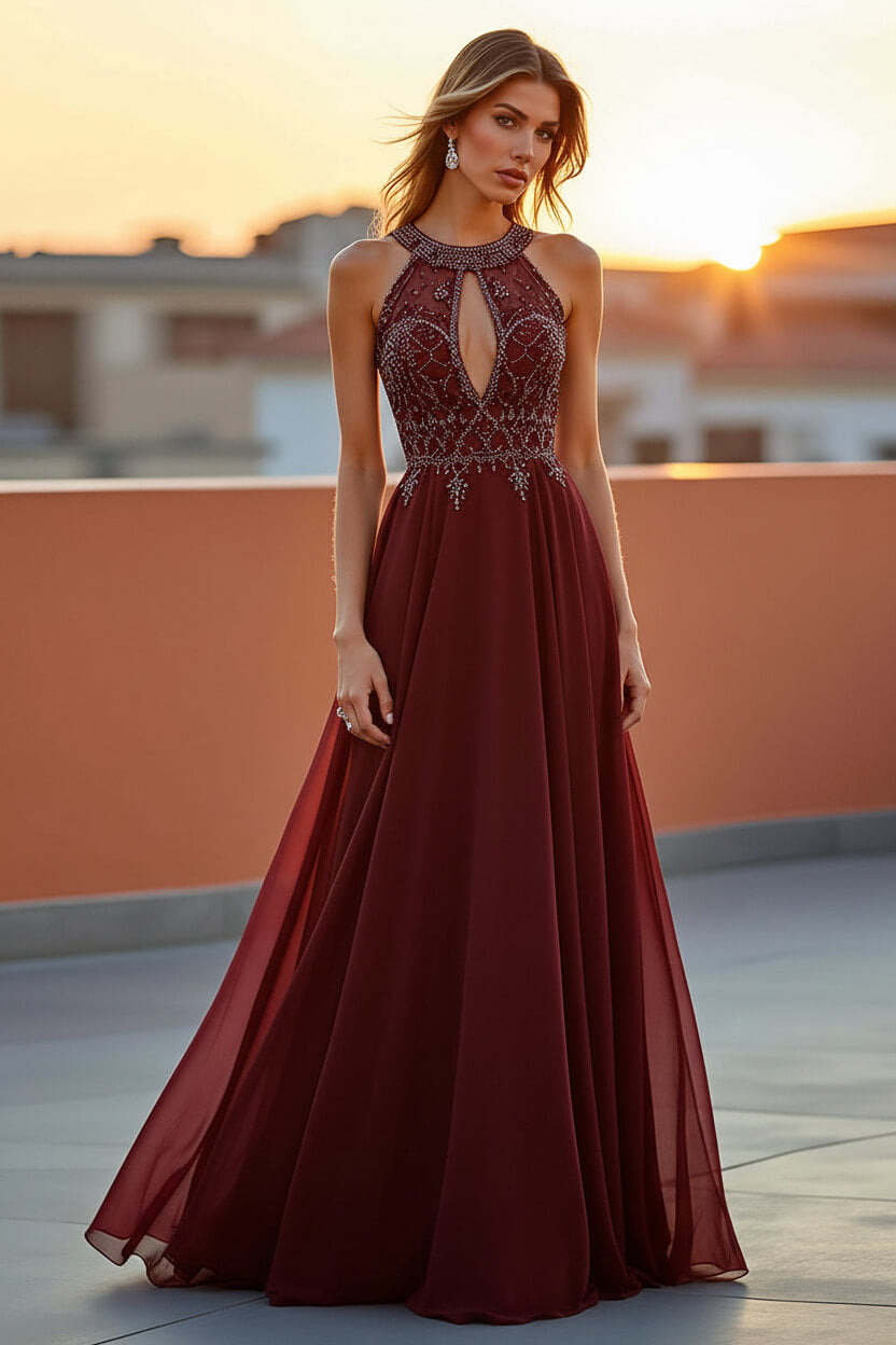Dreamyannie Beaded Navy Wedding Guest Dress Halter Long Formal Dress With Embroideries