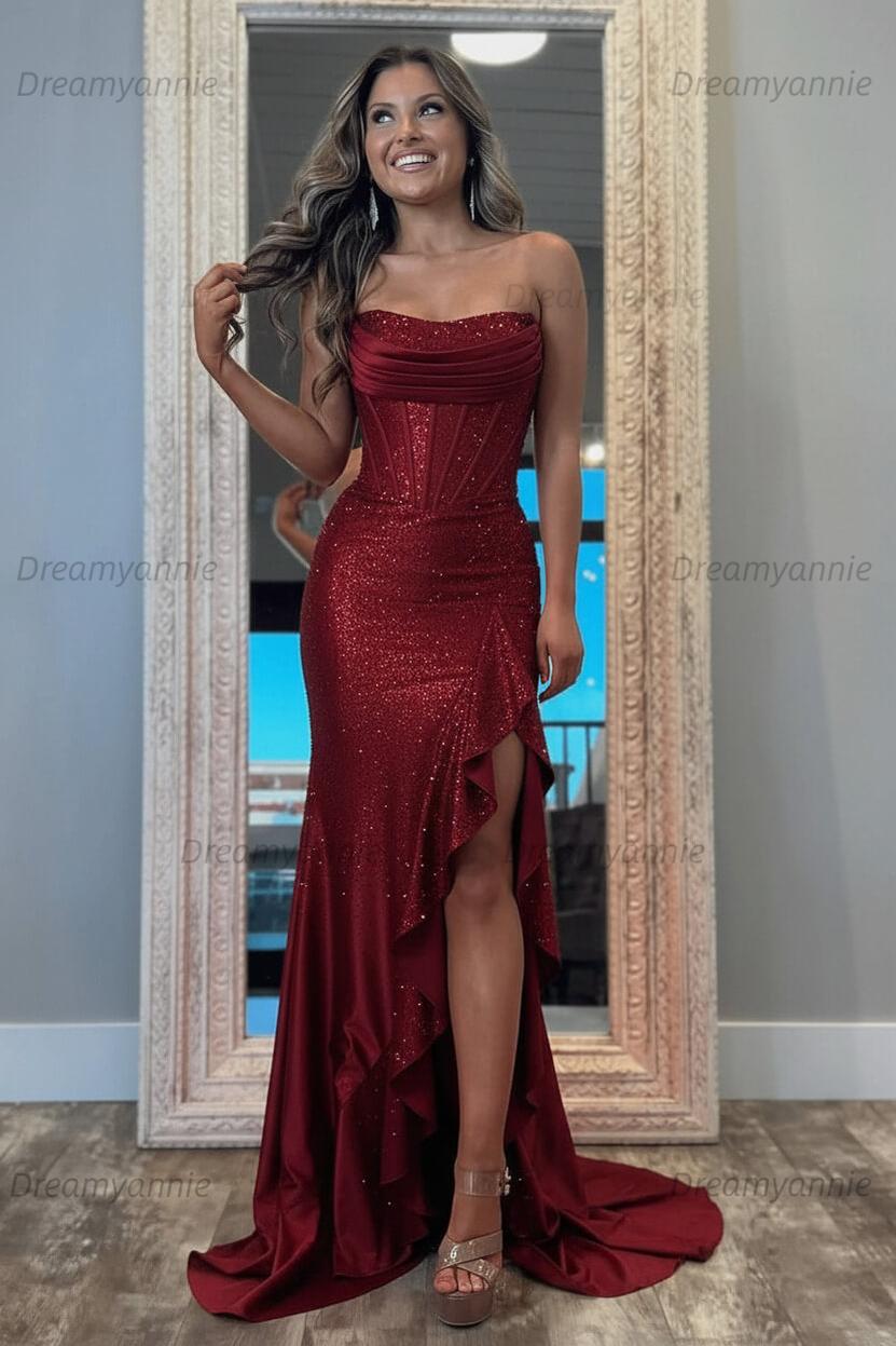 Hot Pink Beaded Prom Dress Strapless Corset Ruffled Formal Dress With Slit
