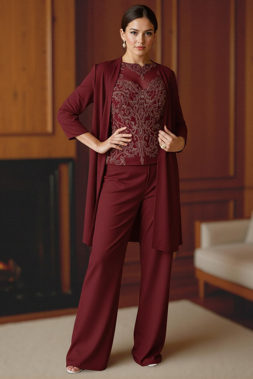 Dreamyannie Light Blue Bateau Neck Chiffon 3 Piece Mother Of The Bride Pant Suits With Jacket