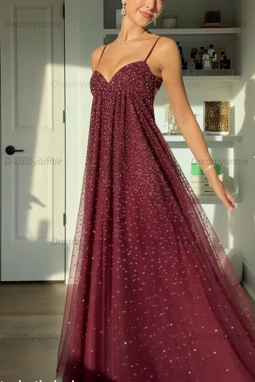 Bling A Line Spaghetti Straps Grey Blue Long Party Dress With Beading Formal Evening Gown