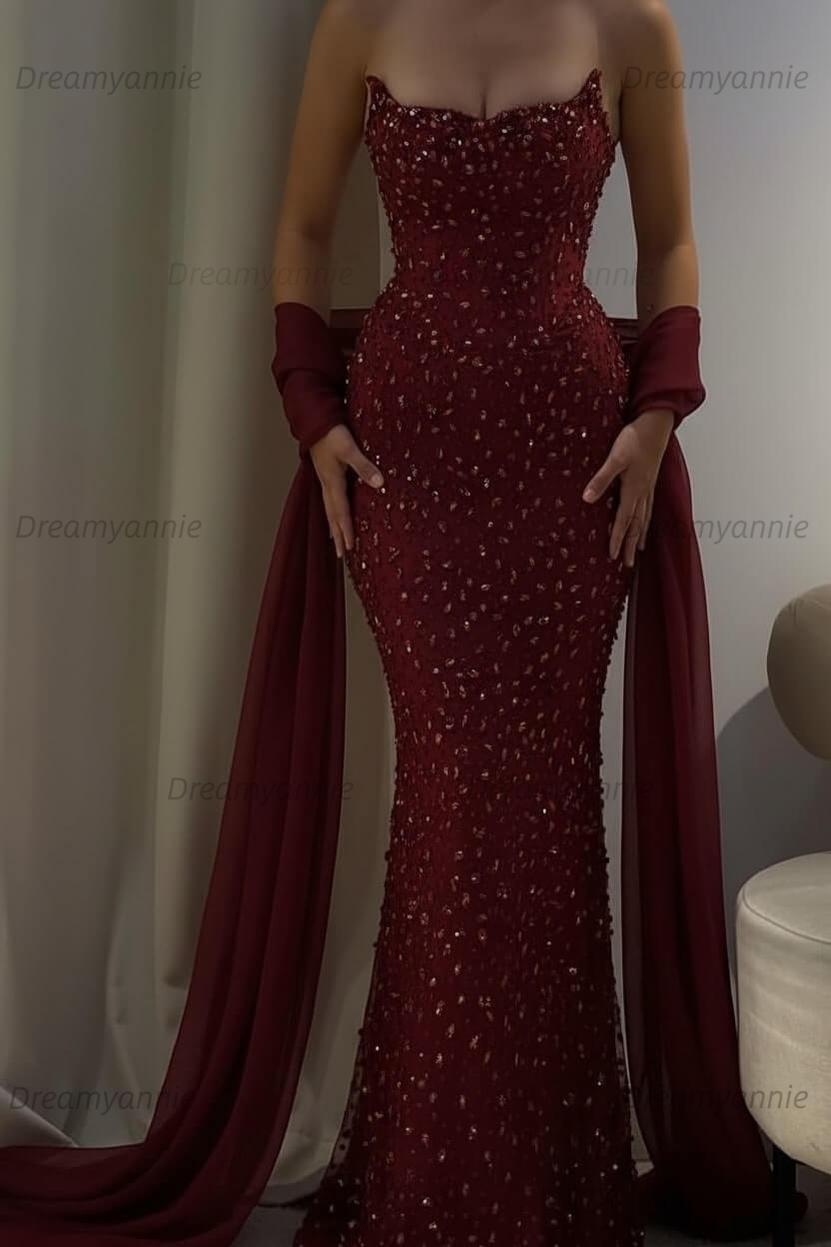 Pink Mermaid Prom Dress Strapless Beaded Formal Dress