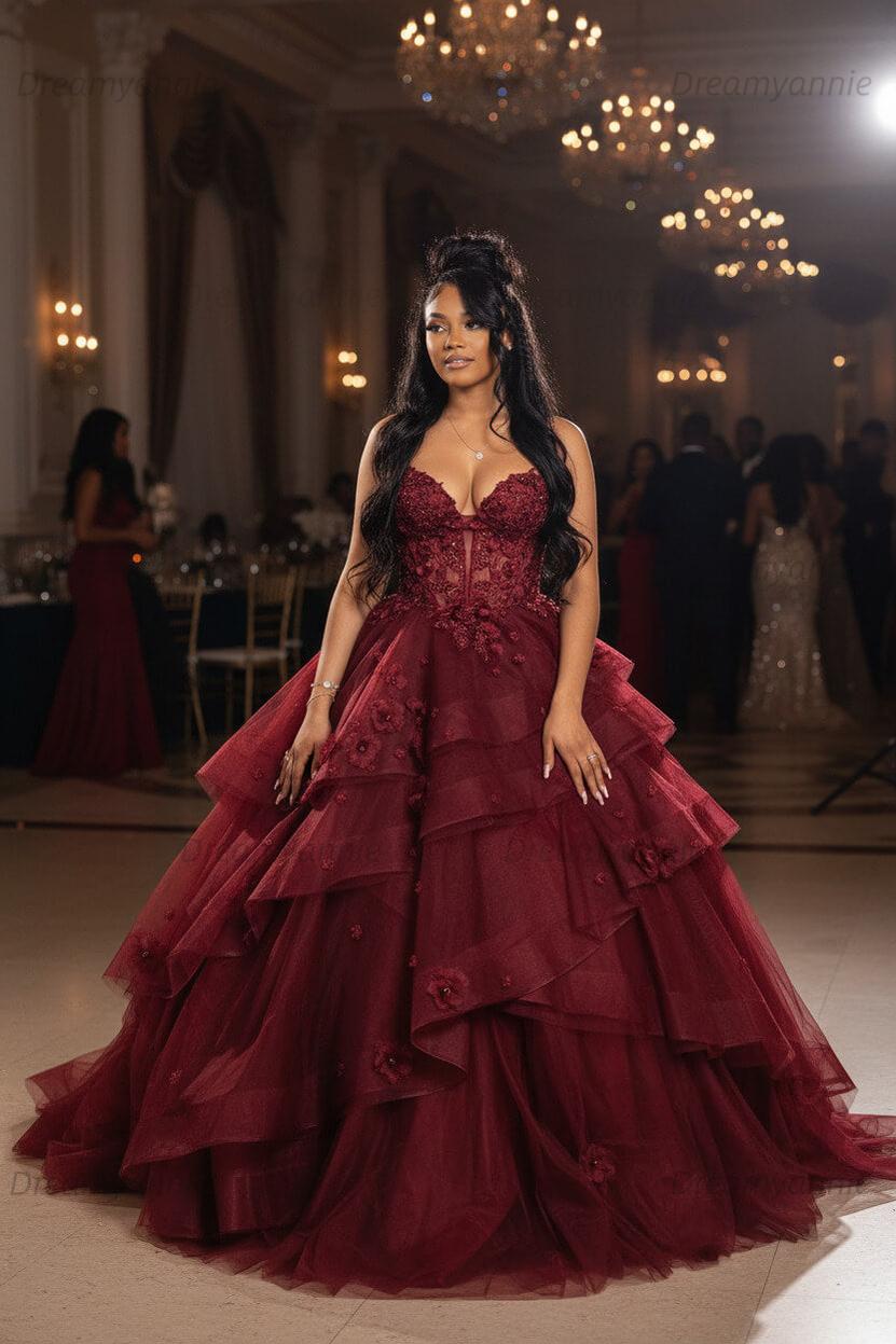 Dreamyannie Sage Prom Dress Floral Tiered Ruffles A-Line Sweetheart Corset Long Formal Dress