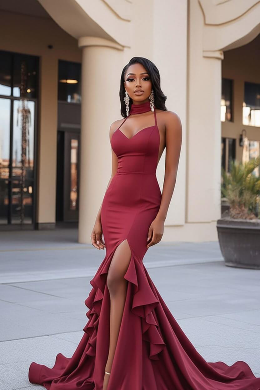 Dreamyannie Black Wedding Guest Dress Ruffled Mermaid Long Prom Dress With Slit