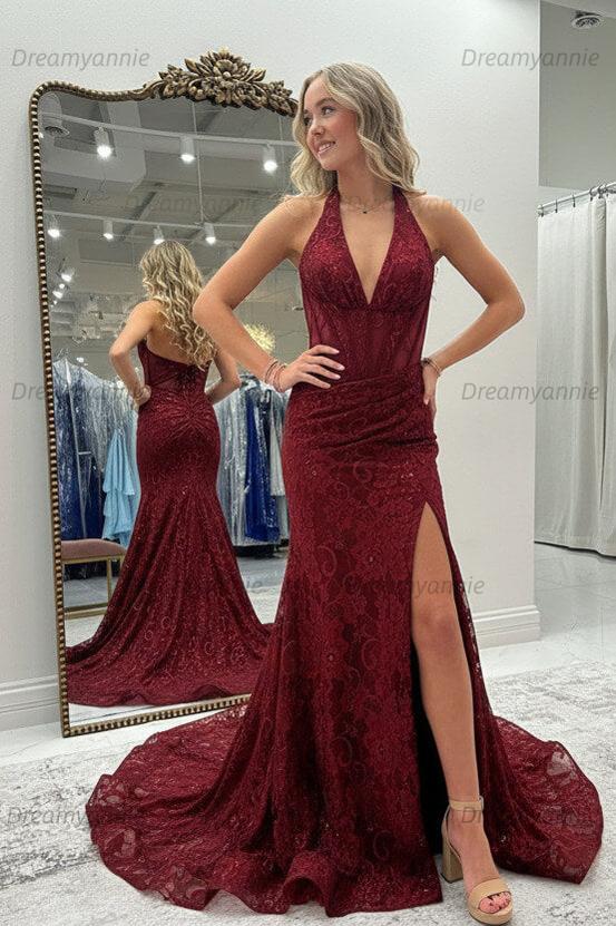 Dreamyannie Halter Pink Prom Dress Long Lace Formal Dress With Slit