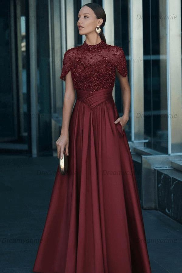 Green A Line Prom Dress Short Sleeve High Neck Beaded Formal Dress