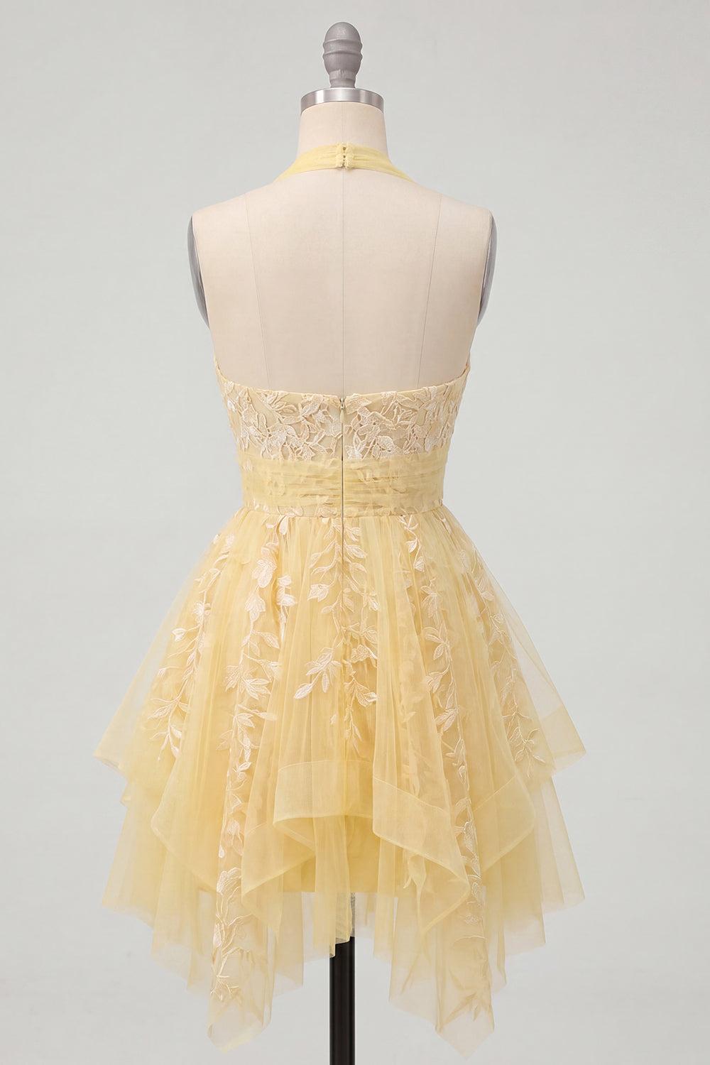 Butter Yellow Floral Lace Halter Ruffled A Line Short Homecoming Dress