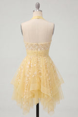 Butter Yellow Floral Lace Halter Ruffled A Line Short Homecoming Dress