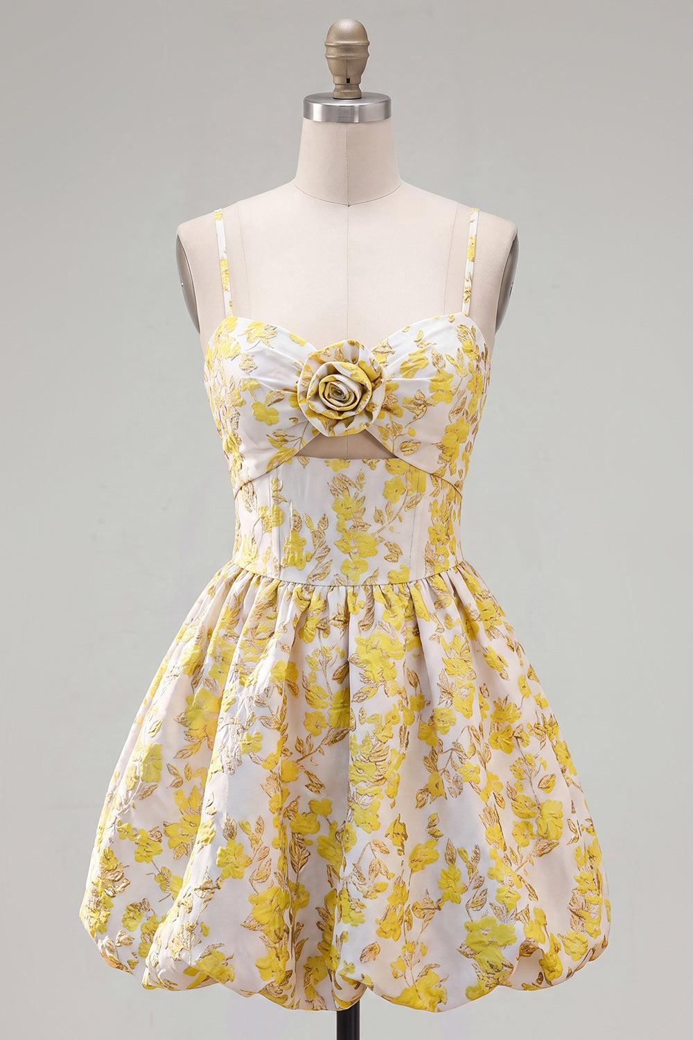 Butter Yellow Floral Short Keyhole A Line Homecoming Dress with 3D Flower